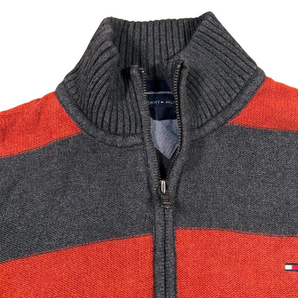 Tommy Hilfiger Sweater Men's Long Sleeve Striped Dual Zipper Gray Orange XL - Picture 2 of 13